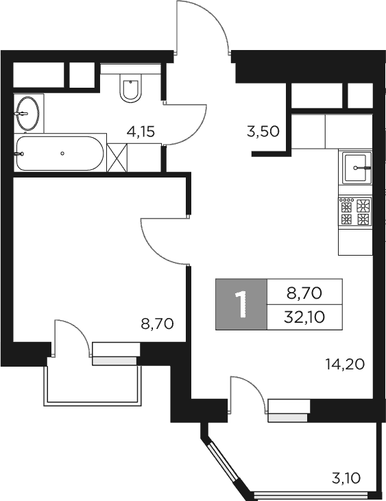 Планировка — Восток 2, 1-комн., 31 м²