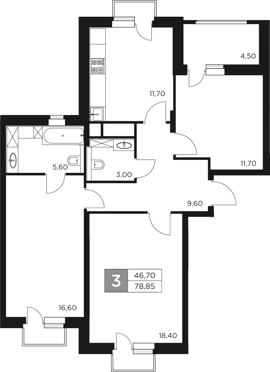Планировка — Восток 2, 3-комн., 77 м²