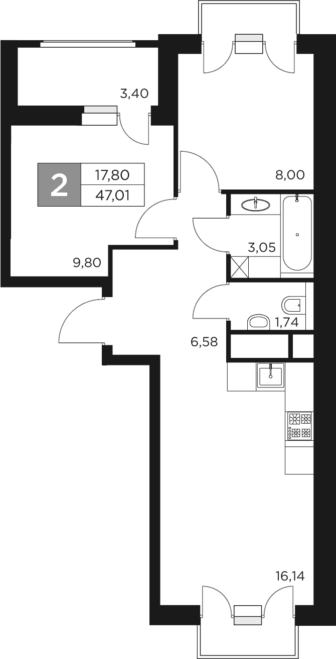 Планировка — Восток 2, 3-комн., 45 м²