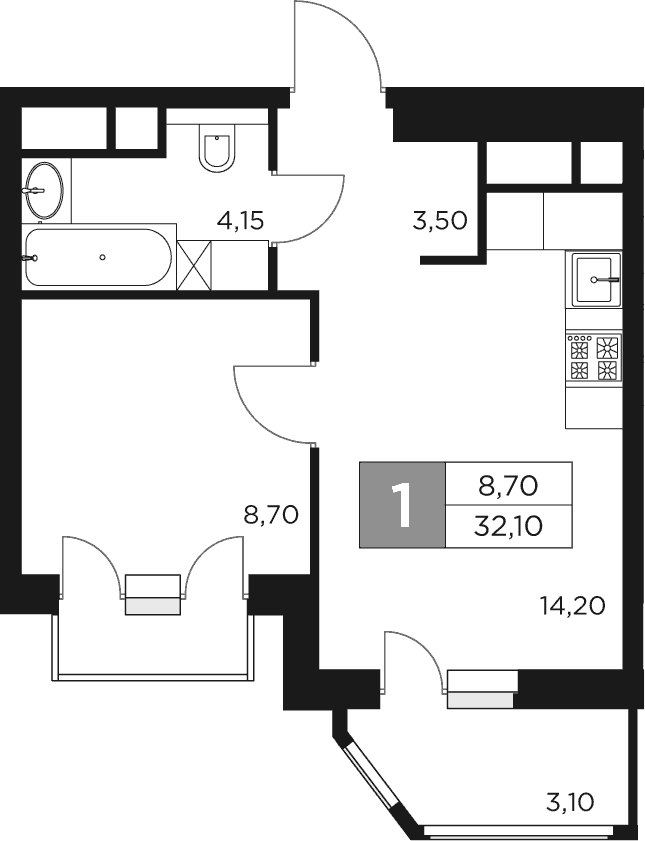 Планировка — Восток 2, 1-комн., 31 м²