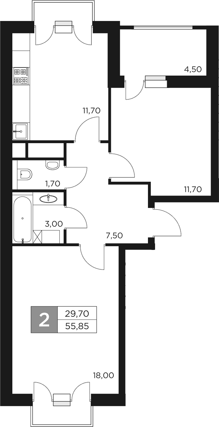 Планировка — Восток 2, 2-комн., 54 м²