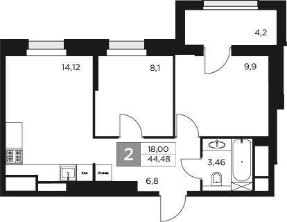 Планировка — Восток 2, 2-комн., 42 м²