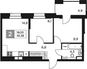 Планировка — Восток 2, 2-комн., 44 м²
