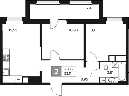 Планировка — Восток 2, 3-комн., 49 м²