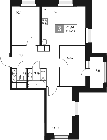 Планировка — Восток 2, 4-комн., 62 м²