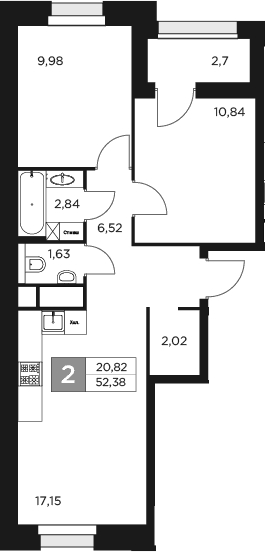 Планировка — Восток 2, 3-комн., 51 м²