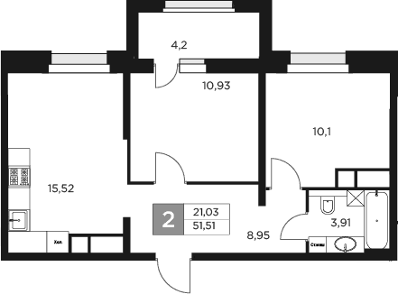 Планировка — Восток 2, 3-комн., 49 м²