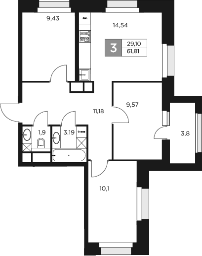 Планировка — Восток 2, 4-комн., 62 м²