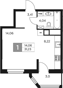 Планировка — Восток 2, 1-комн., 30 м²