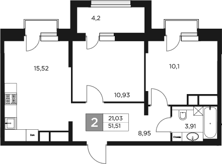 Планировка — Восток 2, 3-комн., 49 м²