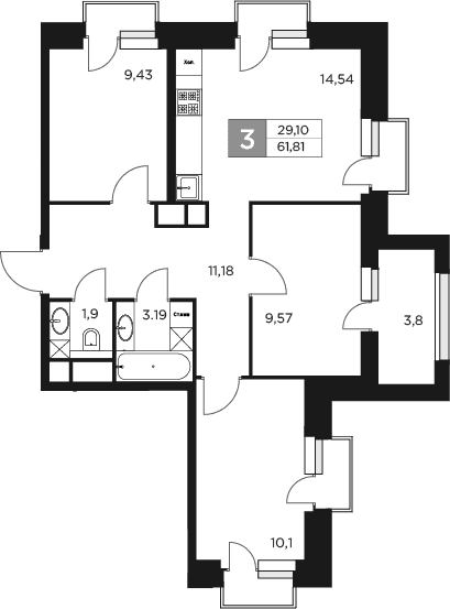 Планировка — Восток 2, 3-комн., 60 м²