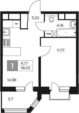 Планировка — Восток 2, 1-комн., 34 м²