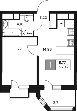 Планировка — Восток 2, 1-комн., 34 м²