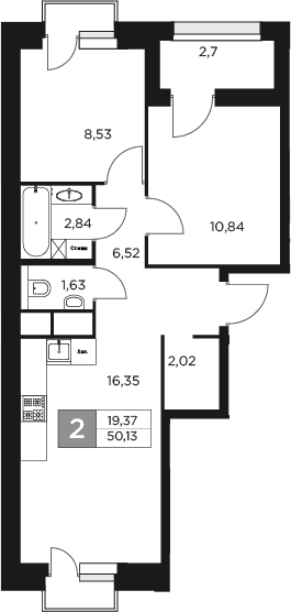 Планировка — Восток 2, 3-комн., 49 м²