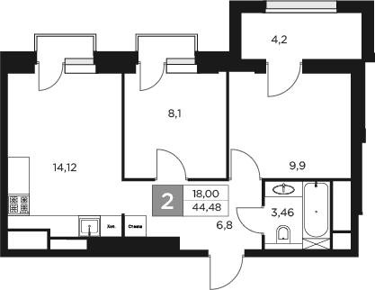 Планировка — Восток 2, 2-комн., 42 м²