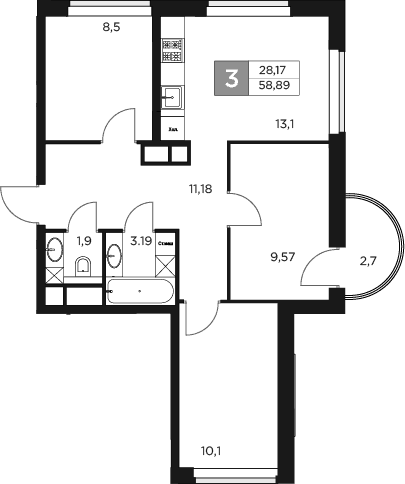 Планировка — Восток 2, 3-комн., 58 м²
