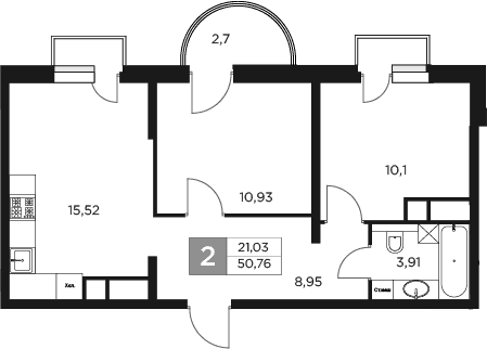 Планировка — Восток 2, 3-комн., 50 м²
