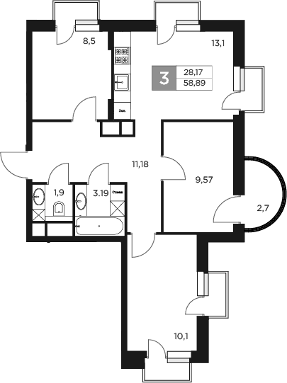 Планировка — Восток 2, 3-комн., 58 м²