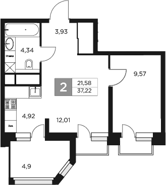 Планировка — Восток 2, 2-комн., 35 м²