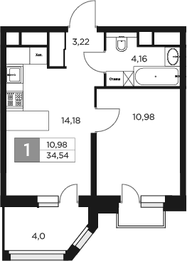 Планировка — Восток 2, 1-комн., 33 м²