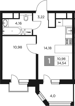 Планировка — Восток 2, 1-комн., 33 м²