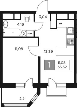 Планировка — Восток 2, 1-комн., 32 м²