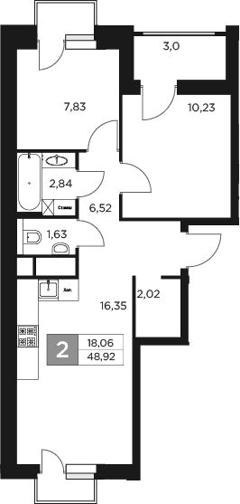 Планировка — Восток 2, 3-комн., 47 м²