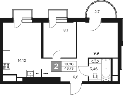Планировка — Восток 2, 2-комн., 43 м²