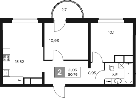 Планировка — Восток 2, 3-комн., 50 м²