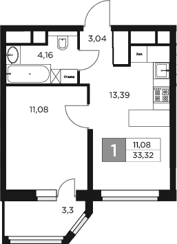 Планировка — Восток 2, 1-комн., 32 м²