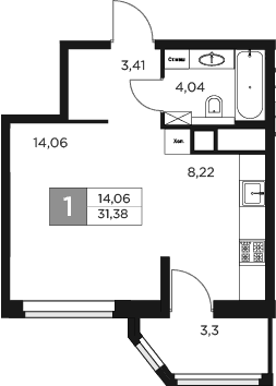 Планировка — Восток 2, 1-комн., 30 м²