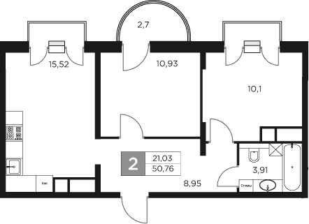 Планировка — Восток 2, 3-комн., 50 м²