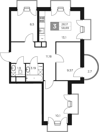 Планировка — Восток 2, 3-комн., 58 м²