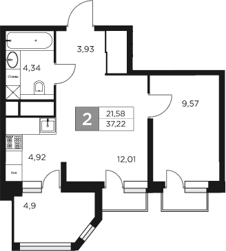 Планировка — Восток 2, 2-комн., 35 м²