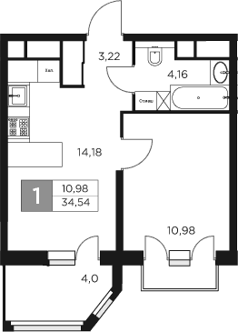 Планировка — Восток 2, 1-комн., 33 м²