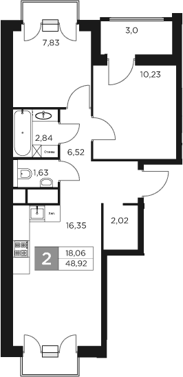 Планировка — Восток 2, 3-комн., 47 м²