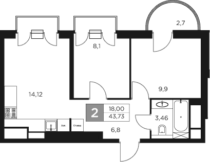 Планировка — Восток 2, 2-комн., 43 м²