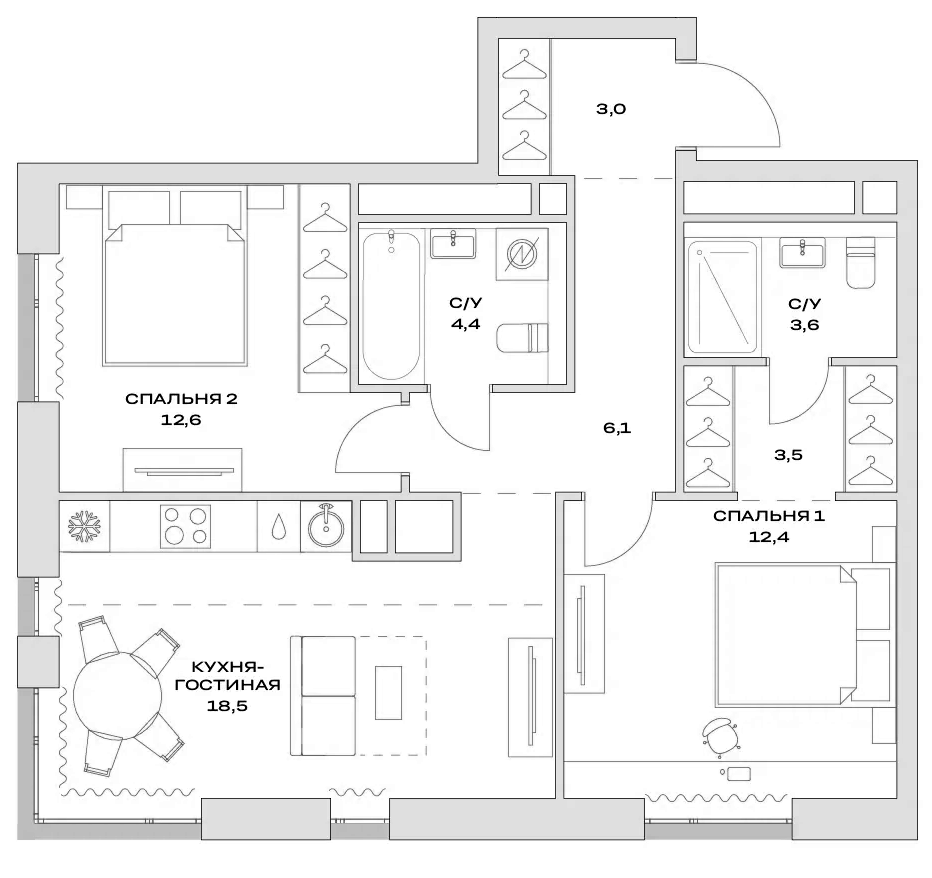 Планировка — Детали, 3-комн., 64 м²