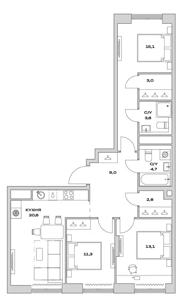 Планировка — Детали, 3-комн., 83 м²