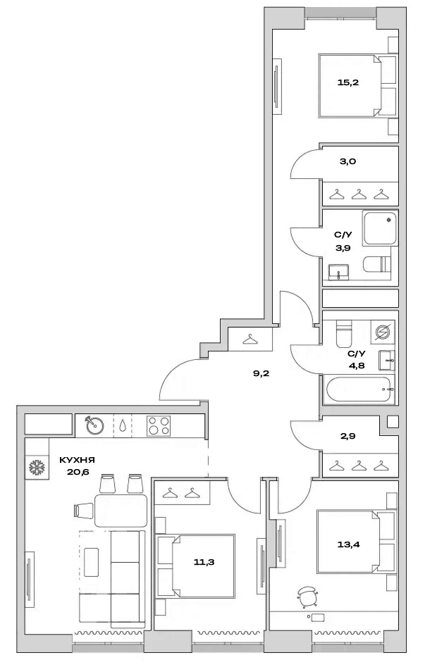 Планировка — Детали, 3-комн., 84 м²