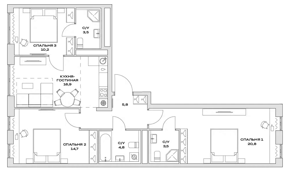 Планировка — Детали, 4-комн., 80 м²