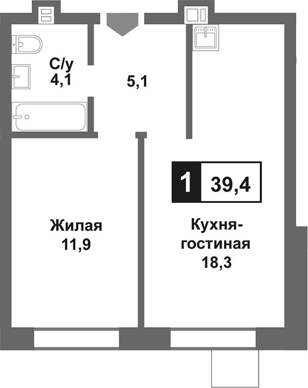 Планировка — Лесная Отрада, 2-комн., 39 м²