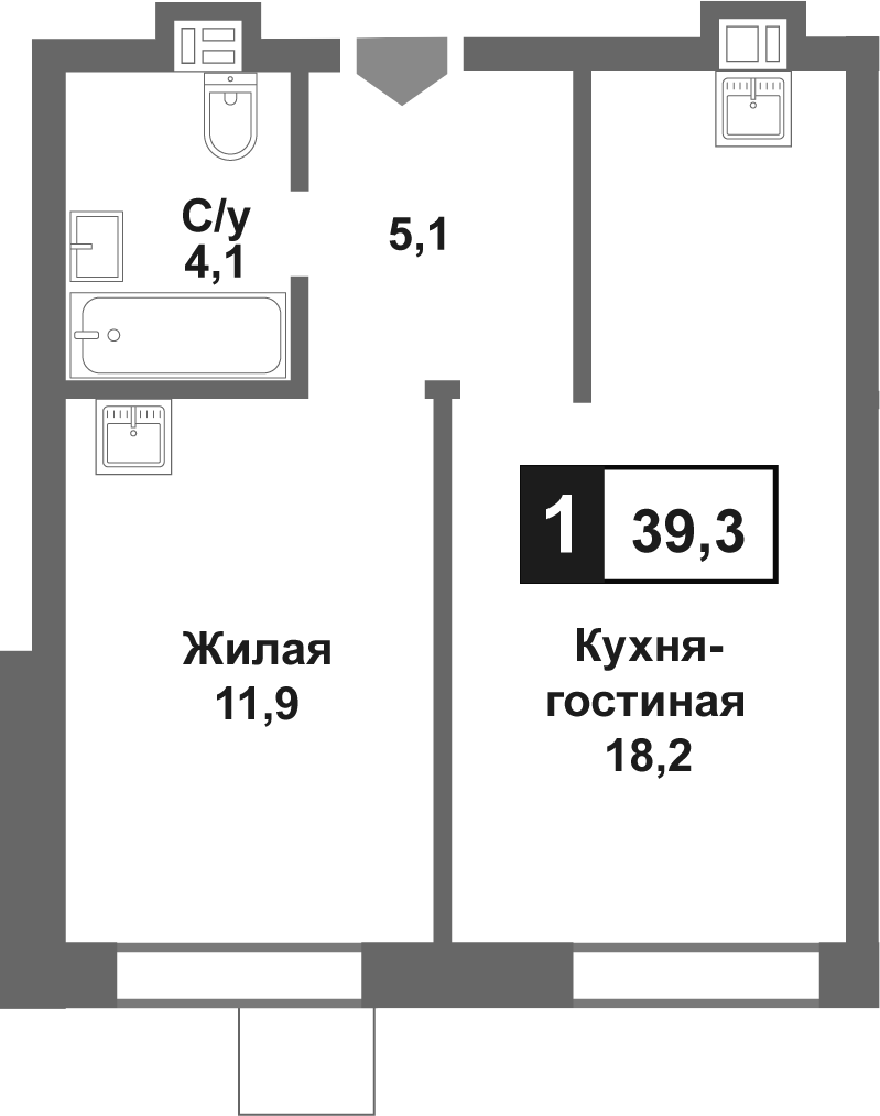 Планировка — Лесная Отрада, 2-комн., 39 м²