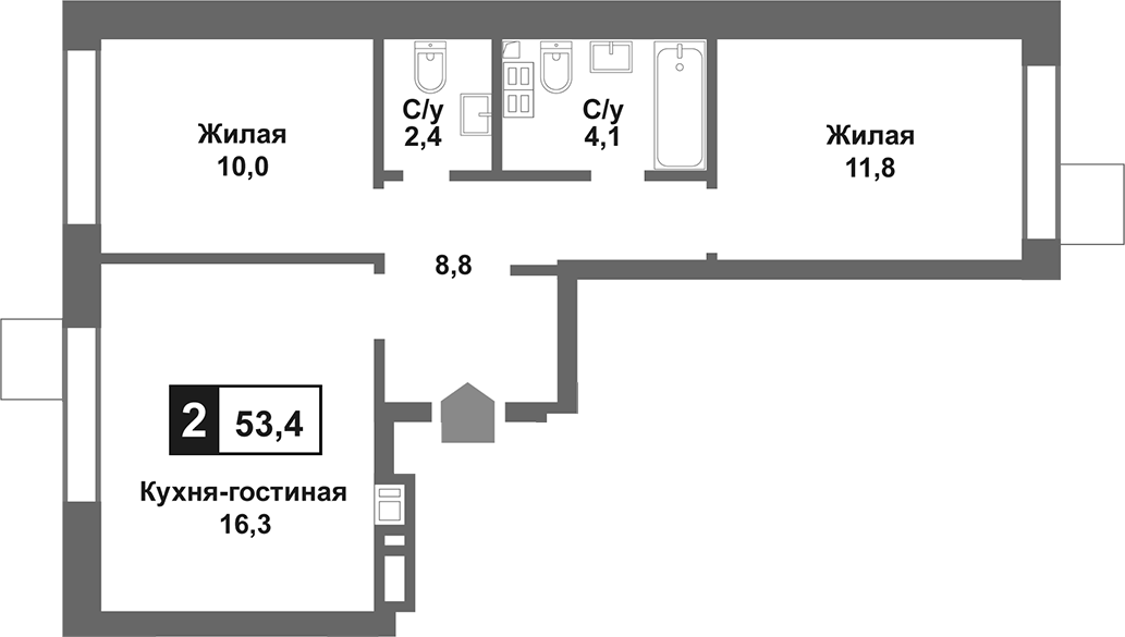 Планировка — Лесная Отрада, 3-комн., 53 м²