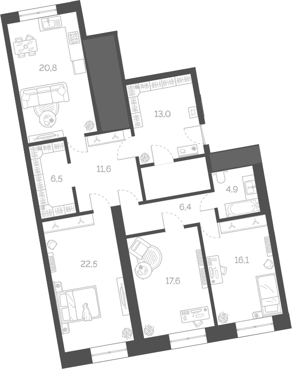 Планировка — Лайм, 4-комн., 125 м²