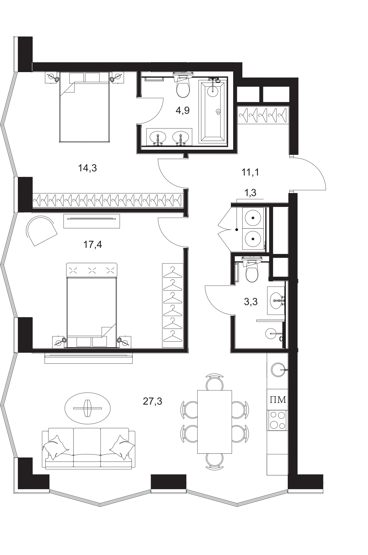 Планировка — A. Residence, 3-комн., 80 м²