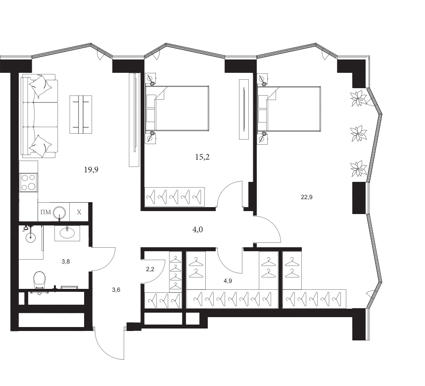 Планировка — A. Residence, 3-комн., 77 м²