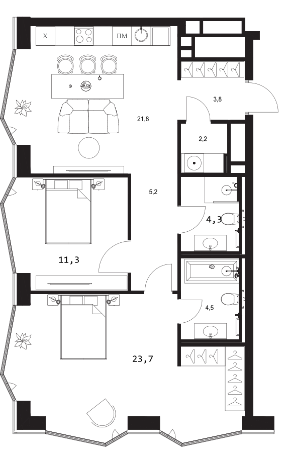 Планировка — A. Residence, 3-комн., 77 м²