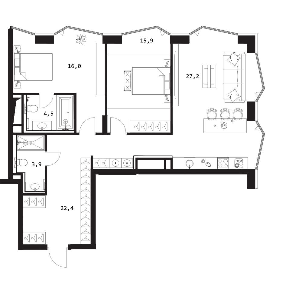 Планировка — A. Residence, 3-комн., 90 м²