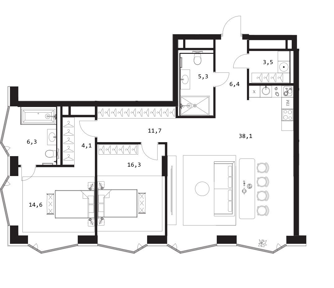 Планировка — A. Residence, 3-комн., 106 м²